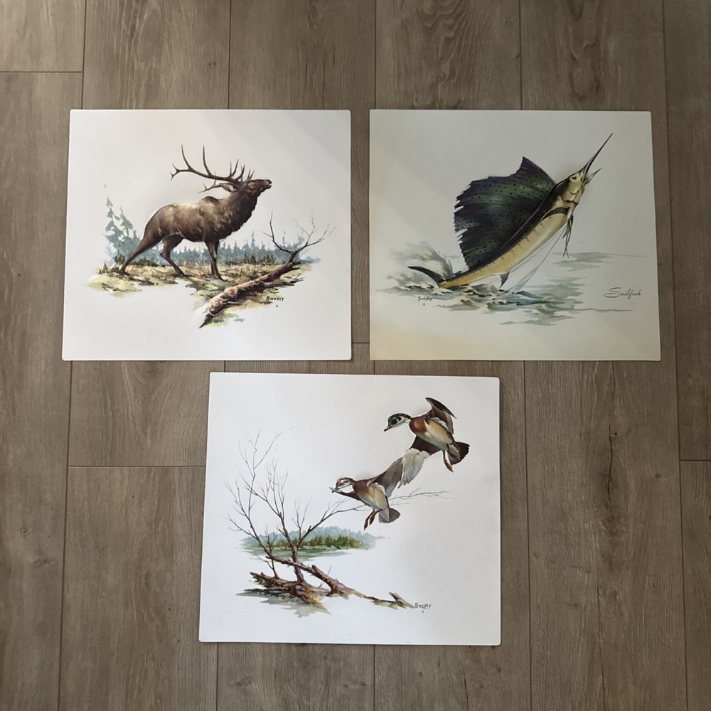 Set of 3 Fred Sweney Embossed Plastic Picture Prints Ducks‎ Moose Sailfish